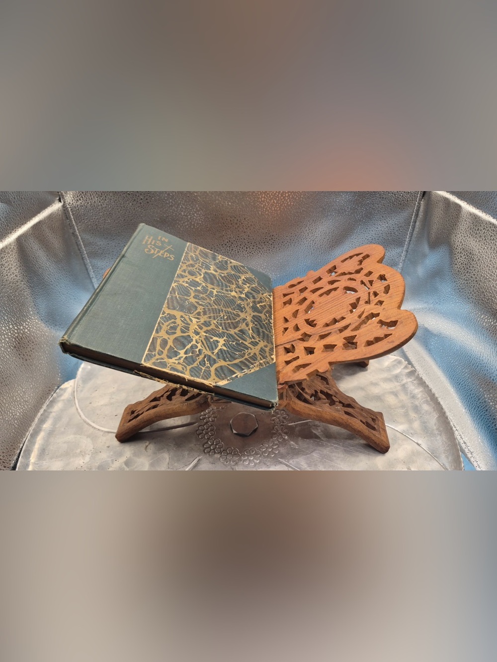 Vintage Carved Folding Wood Book Holder Stand + Antique 1899 Book ‘In His Steps’